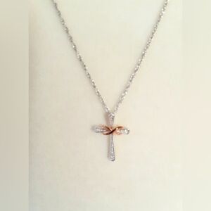 Elegant Sterling Silver and Rose Gold Diamond Cross Necklace 18"